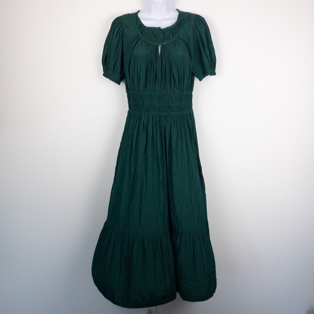 Current Air Forest Green Midi Dress with Puff Sleeves